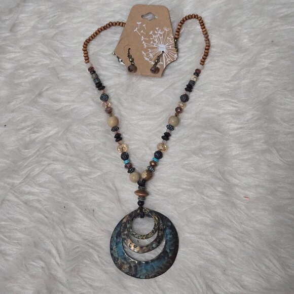 Bohemian Set: Long Blue and Brown Copper Medallion Necklace & Matching Earrings - Picture 1 of 4